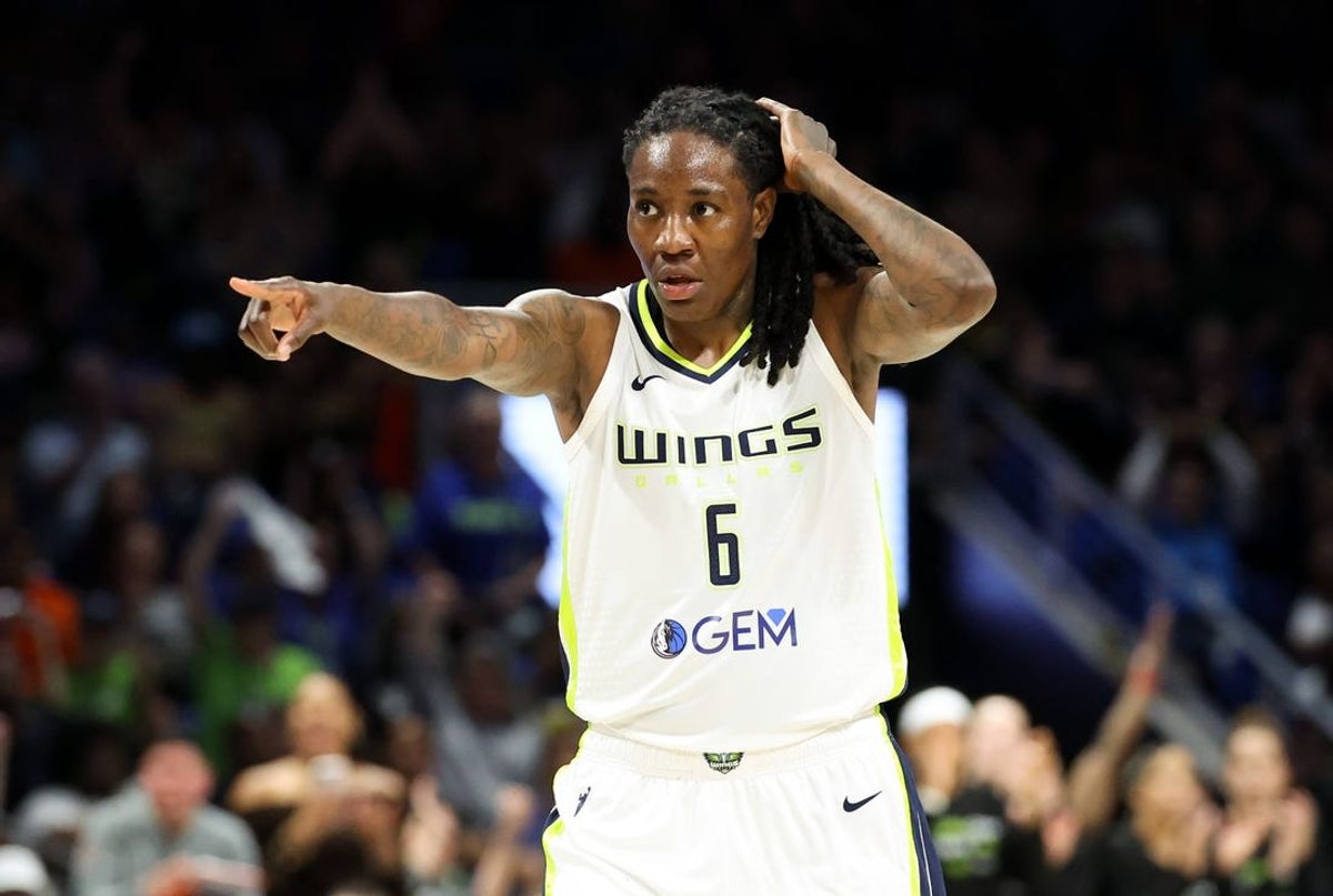 May 3, 2024; Dallas, Texas, USA; Dallas Wings forward Natasha Howard (6) reacts during the second half against the Indiana Fever at College Park Center.  Mandatory Credit: Kevin Jairaj-USA TODAY Sports