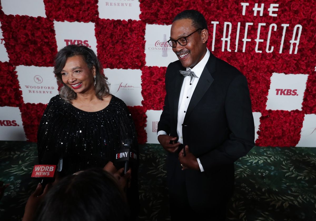 Junior Bridgeman, right, and Doris Bridgeman arrive on the red carpet during the Trifecta Gala in Louisville, Ky. on May. 3, 2024.