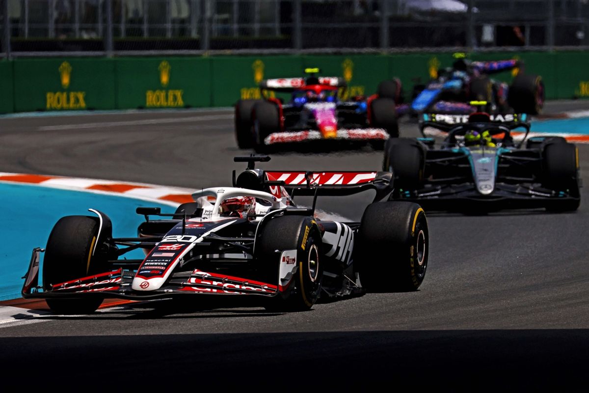 May 4, 2024; Miami Gardens, Florida, USA; Hass drive Kevin Magnussen (20) during the F1 Sprint Race at Miami International Autodrome. Mandatory Credit: Peter Casey-Imagn Images