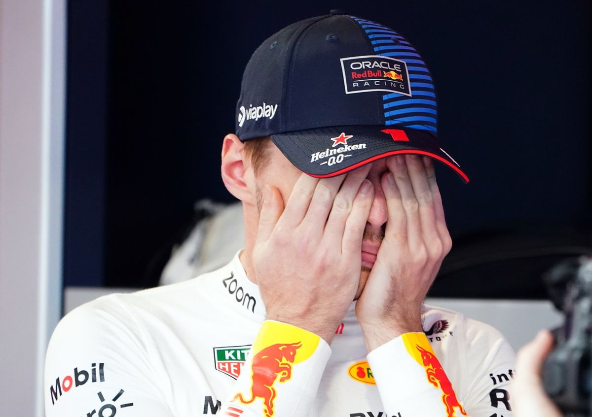 May 4, 2024; Miami Gardens, Florida, USA; Red Bull Racing driver Max Verstappen (1) reacts as he waits in the paddock before the F1 Sprint Race at Miami International Autodrome. Mandatory Credit: John David Mercer-Imagn Images