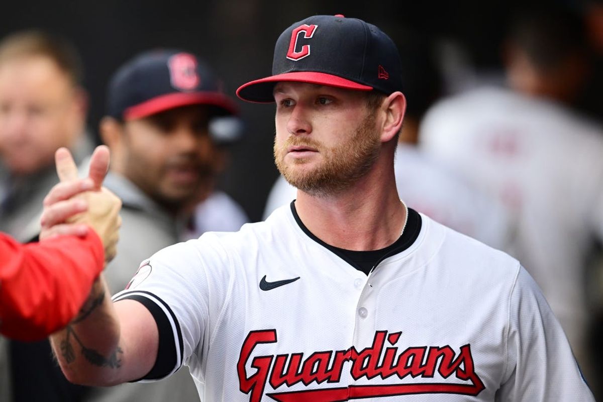 May 4, 2024; Cleveland, Ohio, USA; Cleveland Guardians starting pitcher Ben Lively (39) celebrates during the sixth inning against the Los Angeles Angels at Progressive Field. Mandatory Credit: Ken Blaze-USA TODAY Sports