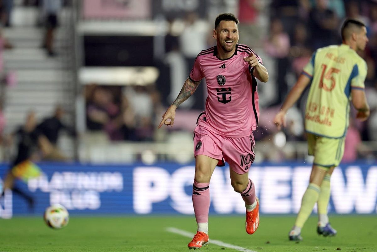 May 4, 2024; Fort Lauderdale, Florida, USA; Inter Miami CF forward Lionel Messi (10) reacts after scoring during the second half against the New York Red Bulls at Chase Stadium. Mandatory Credit: Nathan Ray Seebeck-USA TODAY Sports