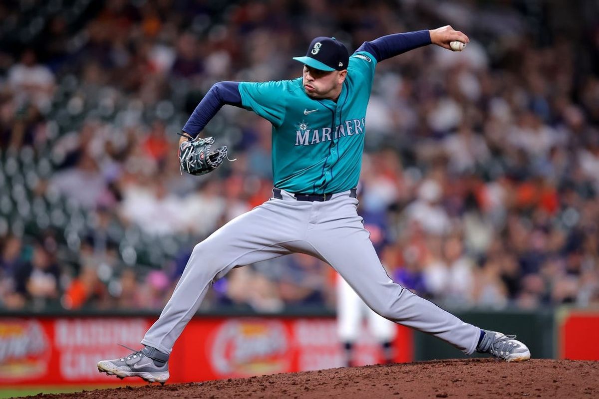 May 4, 2024; Houston, Texas, USA; Seattle Mariners pitcher Tayler Saucedo (60) delivers a pitch against the Houston Astros during the ninth inning at Minute Maid Park. Mandatory Credit: Erik Williams-USA TODAY Sports