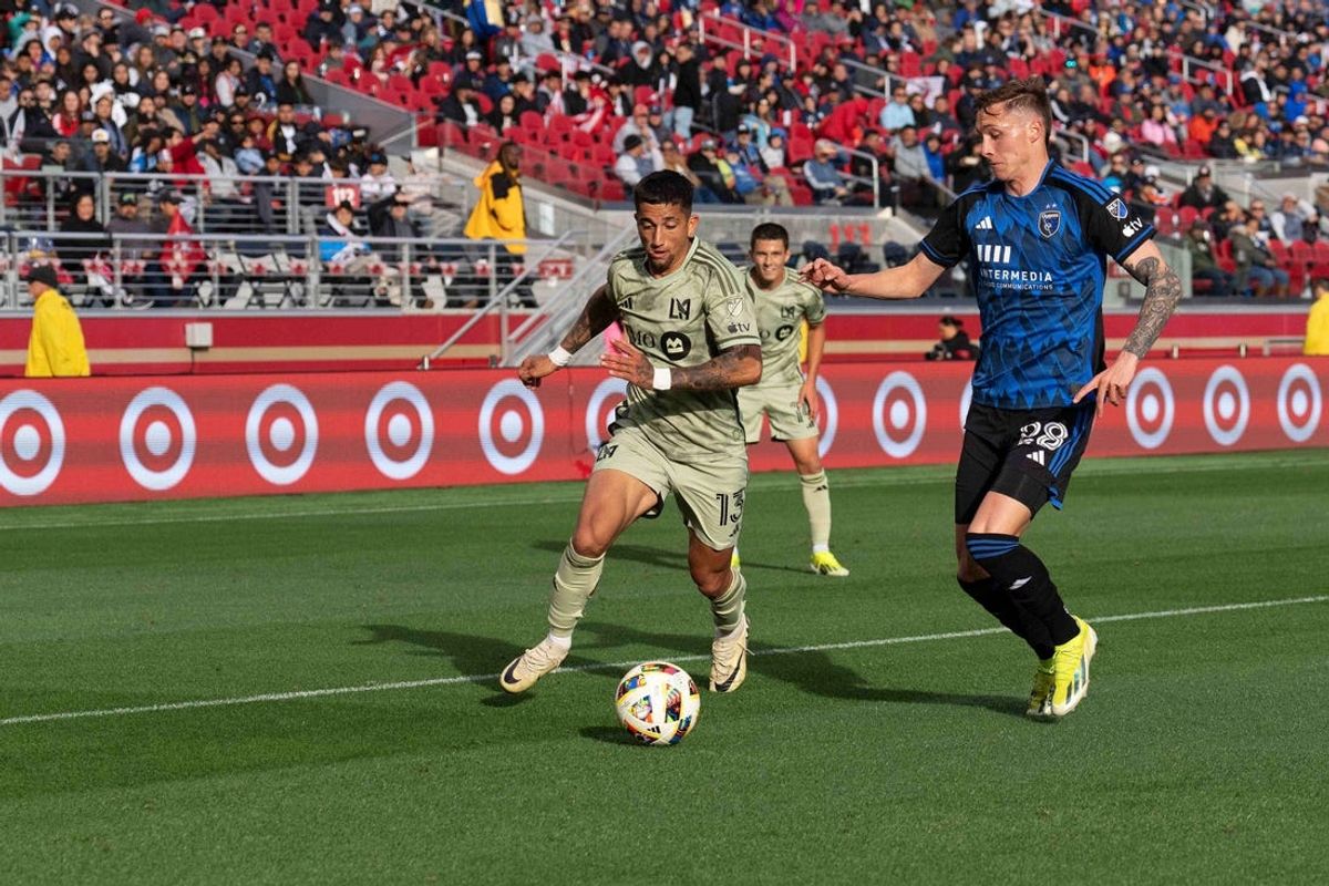 May 4, 2024; San Jose, California, USA; LAFC forward Cristian Olivera (13) dribbles the ball against San Jose Earthquakes during the second half at PayPal Park. Mandatory Credit: Stan Szeto-USA TODAY Sports