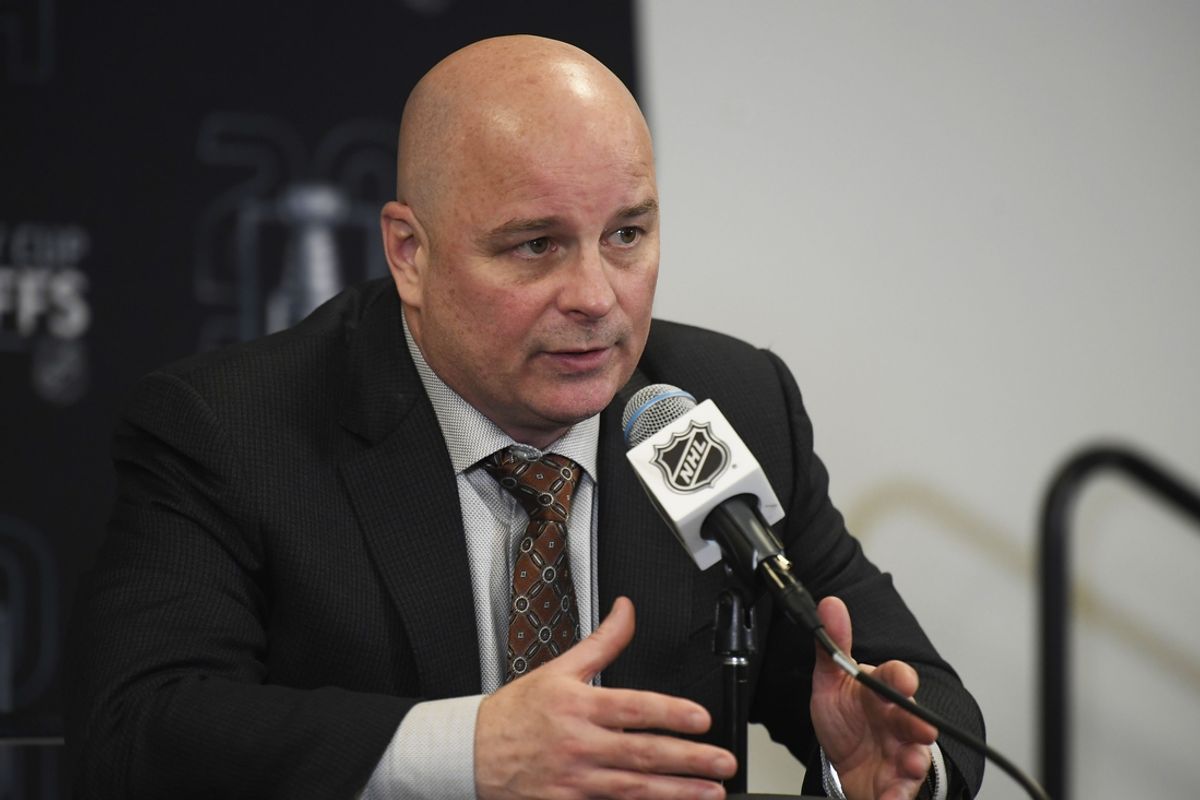 May 4, 2024; Boston, Massachusetts, USA; Boston Bruins coach Jim Montgomery speaks to the media after defeating the Toronto Maple Leafs in game seven of the first round of the 2024 Stanley Cup Playoffs at TD Garden. Mandatory Credit: Bob DeChiara-Imagn Images