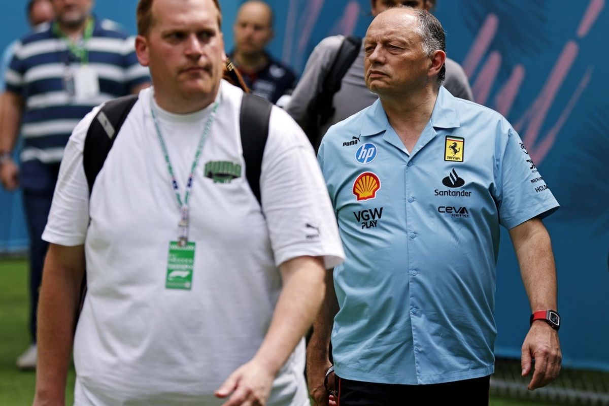 May 5, 2024; Miami Gardens, Florida, USA; Ferrari team principal Fred Vasseur walks into the F1 Village before the F1 Miami Grand Prix at Miami International Autodrome. Mandatory Credit: Peter Casey-Imagn Images