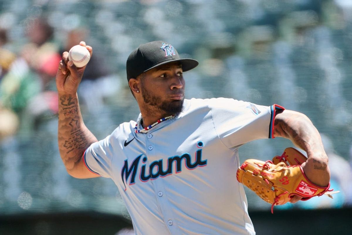 May 5, 2024; Oakland, California, USA; Miami Marlins starting pitcher Sixto Sanchez (18) throws a pitch against the Oakland Athletics during the first inning at Oakland-Alameda County Coliseum. Mandatory Credit: Robert Edwards-USA TODAY Sports