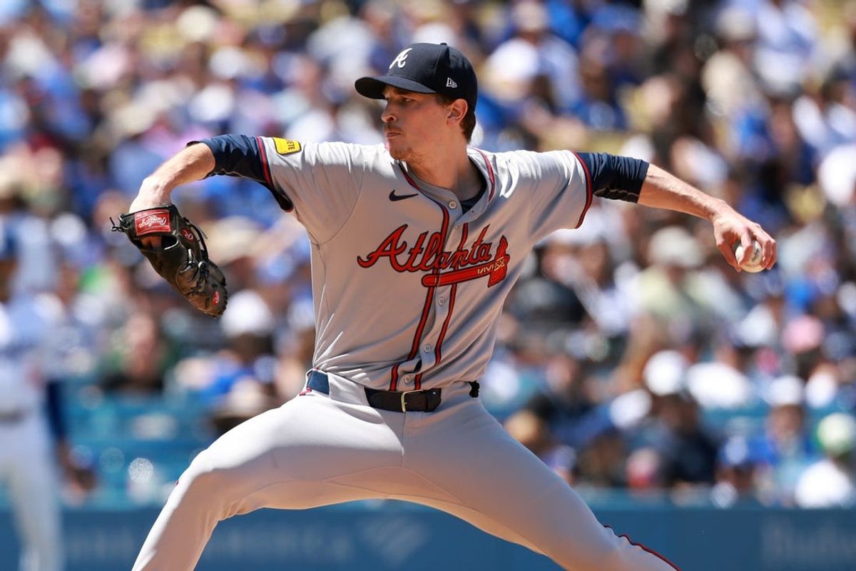 May 5, 2024; Los Angeles, California, USA;  Atlanta Braves pitcher Max Fried (54) pitches during the fifth inning against the Los Angeles Dodgers at Dodger Stadium. Mandatory Credit: Kiyoshi Mio-USA TODAY Sports