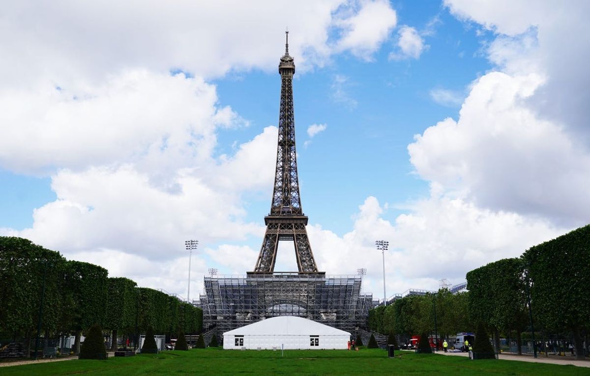May 6, 2024; Paris, FRANCE; A general view of the construction site for Eiffel Tower Stadium, the site for beach volleyball, in preparation for the Paris 2024 Summer Olympic Games. Mandatory Credit: Jerry Lai-USA TODAY Sports