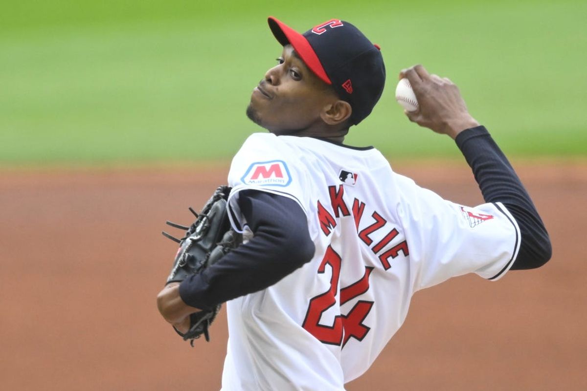 May 6, 2024; Cleveland, Ohio, USA; Cleveland Guardians starting pitcher Triston McKenzie (24) delivers a pitch in the first inning against the Detroit Tigers at Progressive Field. Mandatory Credit: David Richard-USA TODAY Sports