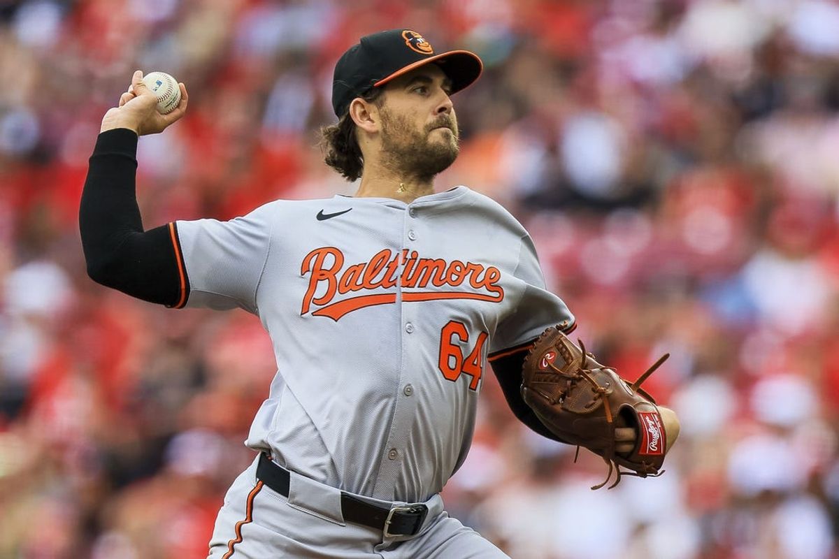 May 5, 2024; Cincinnati, Ohio, USA; Baltimore Orioles starting pitcher Dean Kremer (64) pitches against the Cincinnati Reds in the first inning at Great American Ball Park. Mandatory Credit: Katie Stratman-USA TODAY Sports
