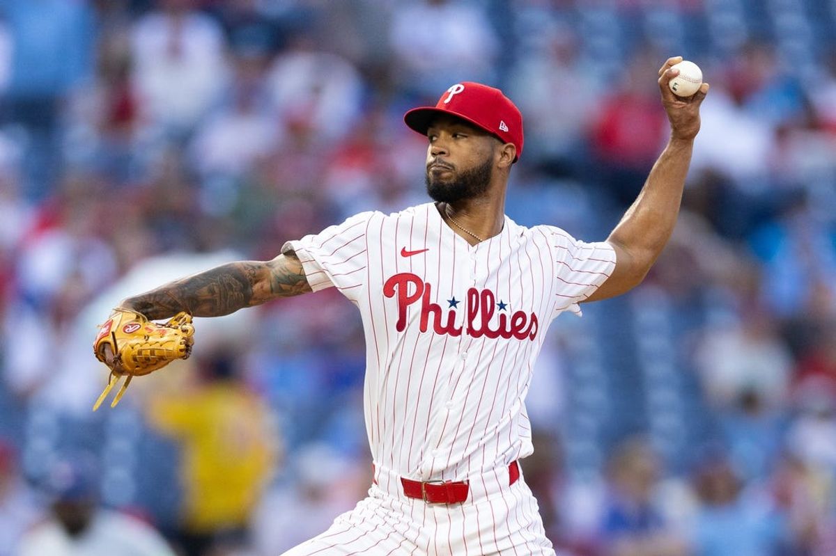 May 7, 2024; Philadelphia, Pennsylvania, USA; Philadelphia Phillies pitcher Cristopher Sanchez (61) throws a pitch during the first inning against the Toronto Blue Jays at Citizens Bank Park. Mandatory Credit: Bill Streicher-USA TODAY Sports