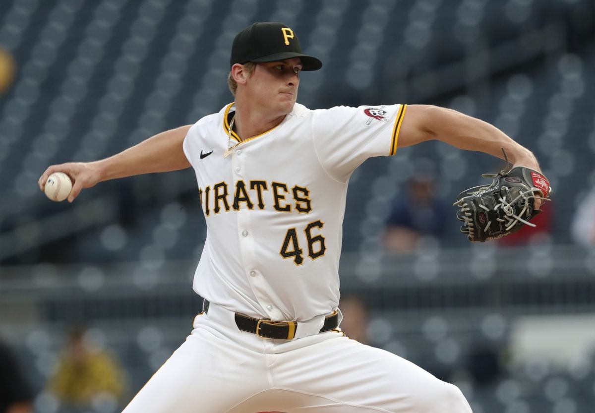 May 7, 2024; Pittsburgh, Pennsylvania, USA;  Pittsburgh Pirates starting pitcher Quinn Priester (46) delivers a pitch against the Los Angeles Angels during the first inning at PNC Park. Mandatory Credit: Charles LeClaire-USA TODAY Sports