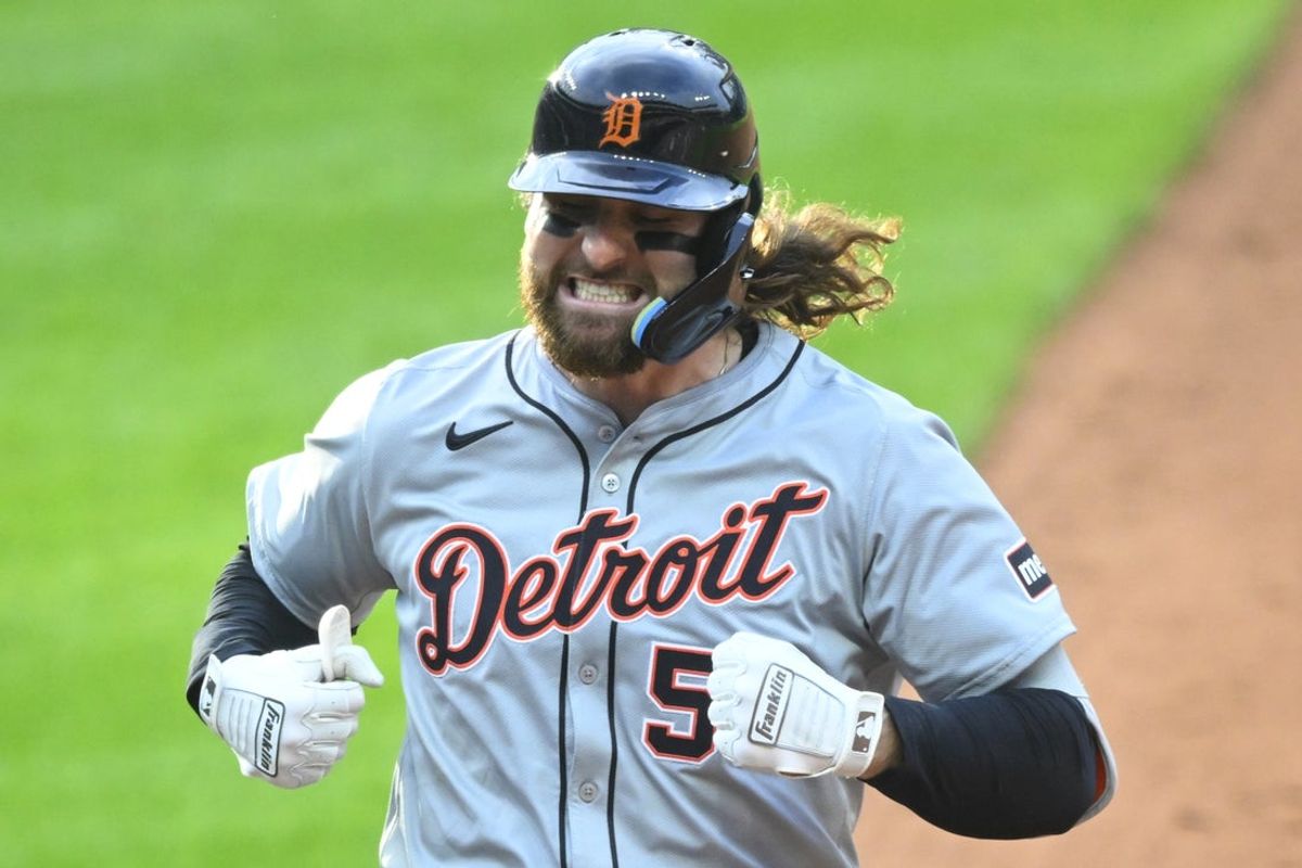 May 7, 2024; Cleveland, Ohio, USA; Detroit Tigers right fielder Ryan Vilade (50) celebrates his two-RBI single in the third inning against the Cleveland Guardians at Progressive Field. Mandatory Credit: David Richard-Imagn Images