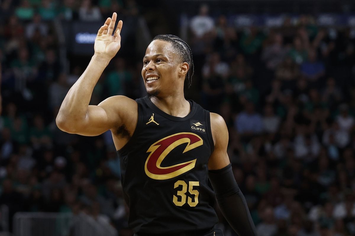 May 7, 2024; Boston, Massachusetts, USA; Cleveland Cavaliers forward Isaac Okoro (35) grimaces after missing a shot against the Boston Celtics during the second quarter of game one of the second round of the 2024 NBA playoffs at TD Garden. Mandatory Credit: Winslow Townson-Imagn Images