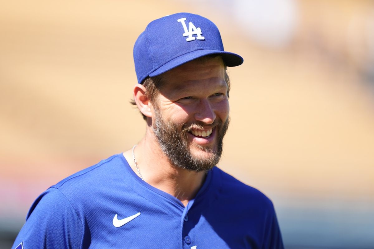 May 7, 2024; Los Angeles, California, USA; Los Angeles Dodgers pitcher Clayton Kershaw reacts before the game against the Miami Marlins at Dodger Stadium. Mandatory Credit: Kirby Lee-USA TODAY Sports