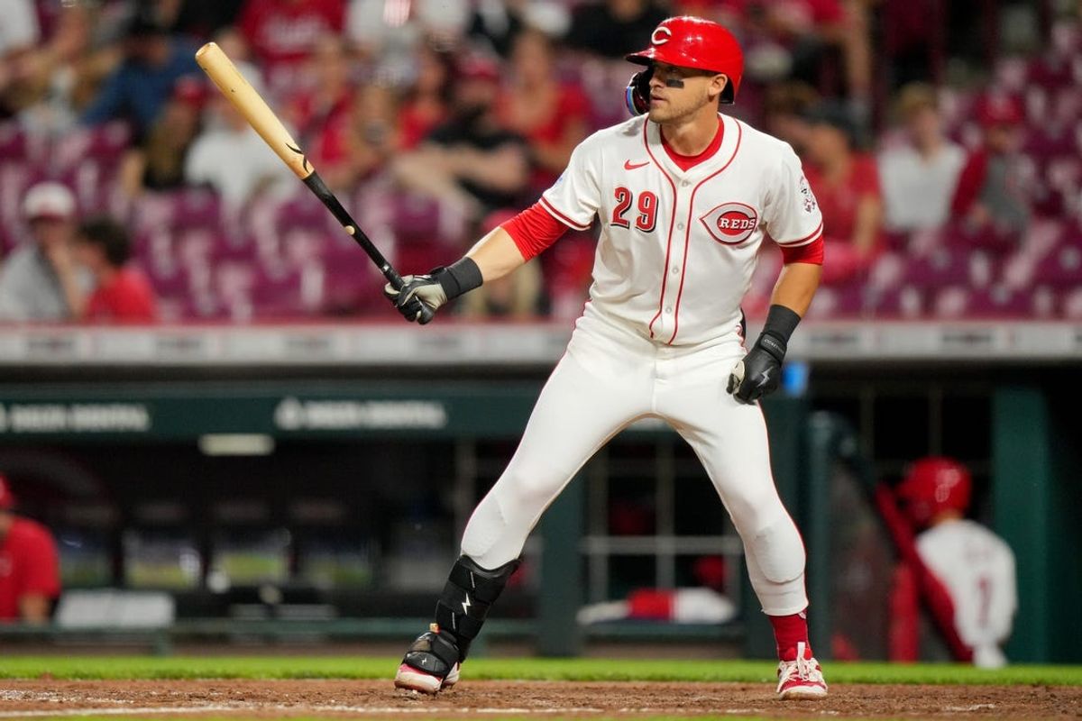 Cincinnati Reds outfielder TJ Friedl (29) gets set for his at bat in the eighth inning of a baseball game between the Arizona Diamondbacks and Cincinnati Reds, Tuesday, May 7, 2024, at Great American Ball Park in Cincinnati.
