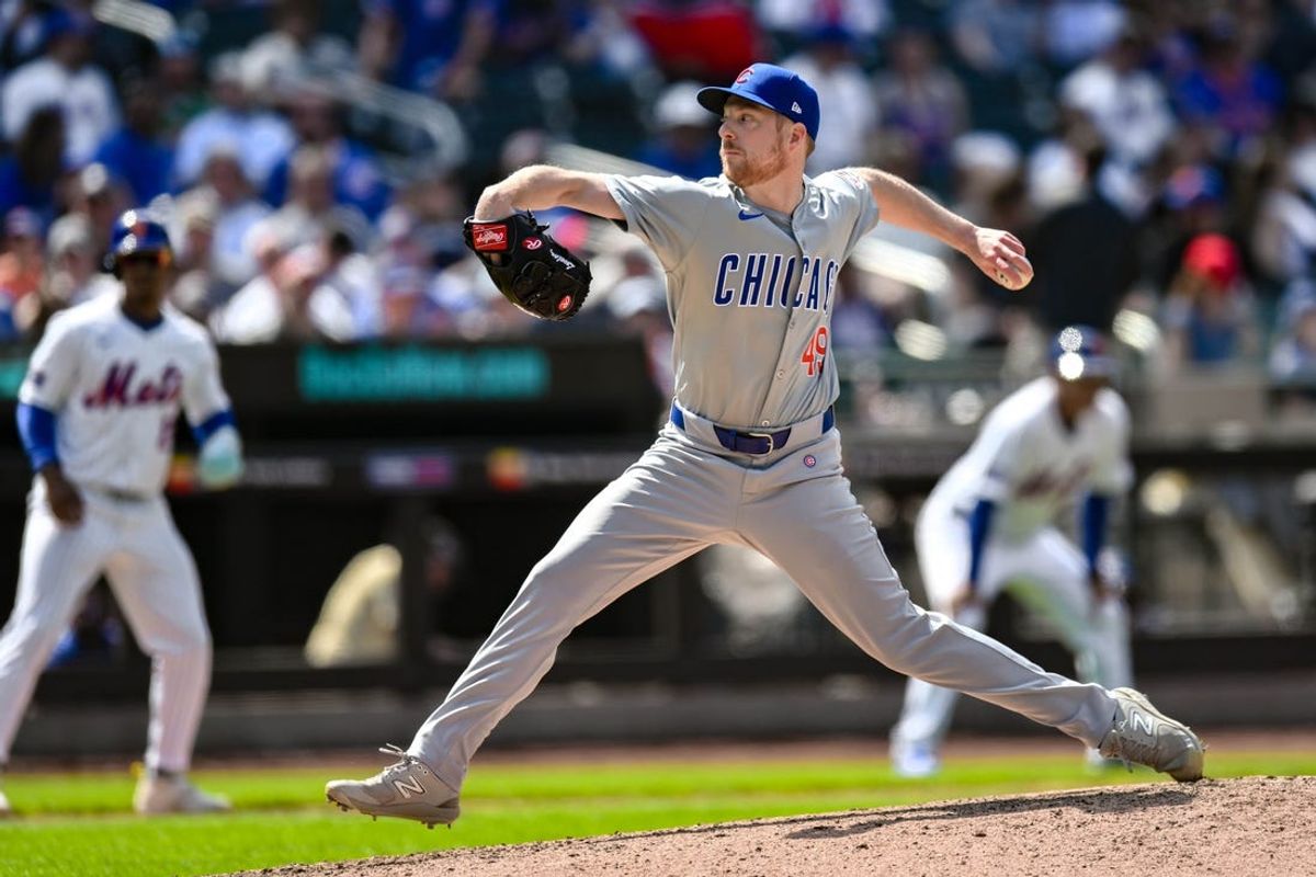 May 2, 2024; New York City, New York, USA; Chicago Cubs pitcher Richard Lovelady (49) pitches during a game against the New York Mets at Citi Field. Mandatory Credit: John Jones-USA TODAY Sports