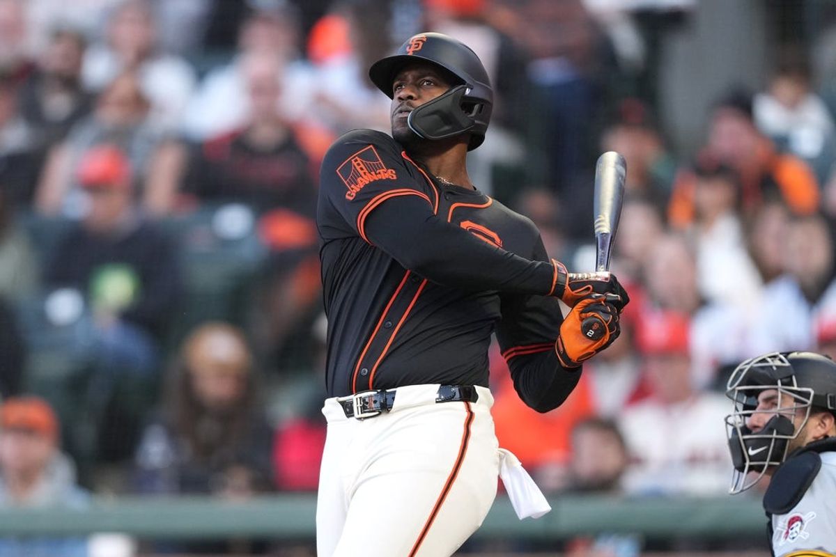 Apr 27, 2024; San Francisco, California, USA; San Francisco Giants designated hitter Jorge Soler (2) bats during the fifth inning against the Pittsburgh Pirates at Oracle Park. Mandatory Credit: Darren Yamashita-USA TODAY Sports