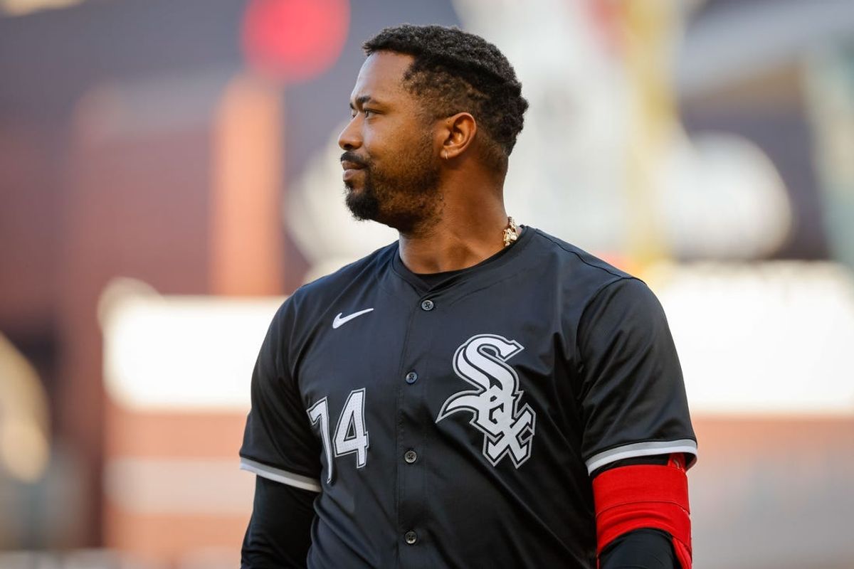 Apr 24, 2024; Minneapolis, Minnesota, USA; Chicago White Sox designated hitter Eloy Jimenez (74) returns to the dugout after striking out against the Minnesota Twins in the first inning at Target Field. Mandatory Credit: Bruce Kluckhohn-USA TODAY Sports