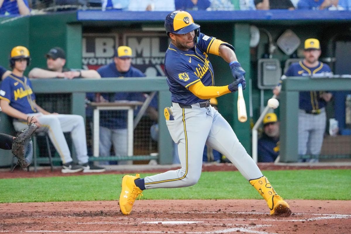 May 7, 2024; Kansas City, Missouri, USA; Milwaukee Brewers left fielder Jackson Chourio (11) singles against the Kansas City Royals in the fourth inning at Kauffman Stadium. Mandatory Credit: Denny Medley-USA TODAY Sports
