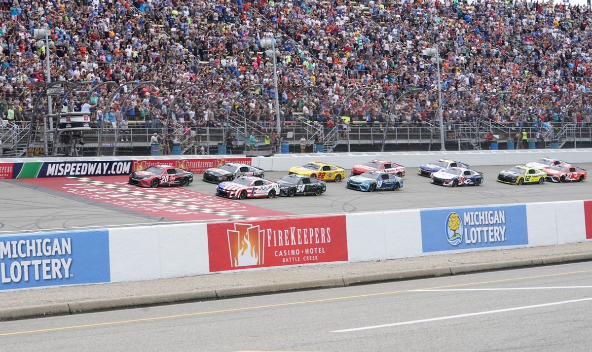 The 2023 FireKeepers Casino 400 race at Michigan International Speedway is pictured in this file photo from August 2023, restarting after a nearly two hour delay because of storms and rain showers.