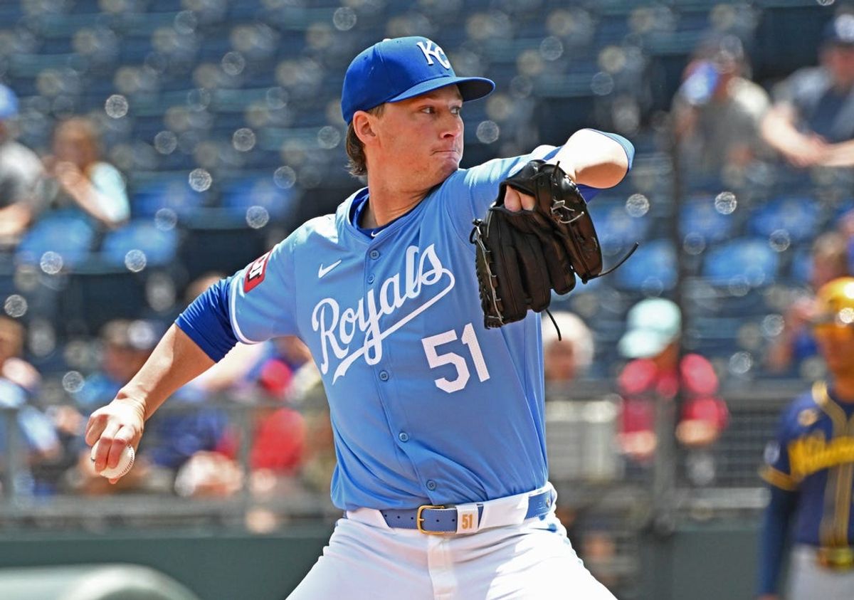 May 8, 2024; Kansas City, Missouri, USA;  Kansas City Royals starting pitcher Brady Singer (51) delivers a pitch in the first inning against the Milwaukee Brewers at Kauffman Stadium. Mandatory Credit: Peter Aiken-USA TODAY Sports
