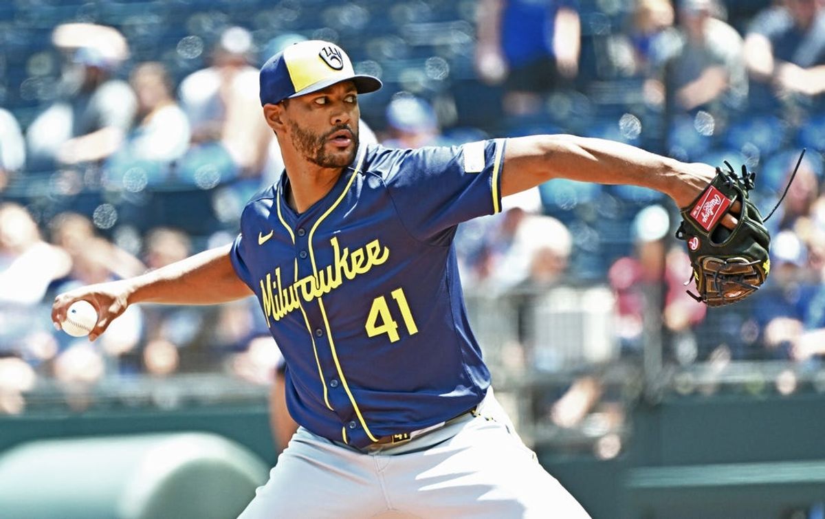 May 8, 2024; Kansas City, Missouri, USA;  Milwaukee Brewers starting pitcher Joe Ross (41) delivers a pitch in the first inning against the Kansas City Royals at Kauffman Stadium. Mandatory Credit: Peter Aiken-USA TODAY Sports