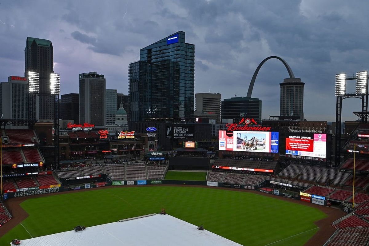 May 8, 2024; St. Louis, Missouri, USA;  A general view of the tarp on the field as storms move through the St. Louis region delaying a game between the St. Louis Cardinals and the New York Mets at Busch Stadium. Mandatory Credit: Jeff Curry-USA TODAY Sports