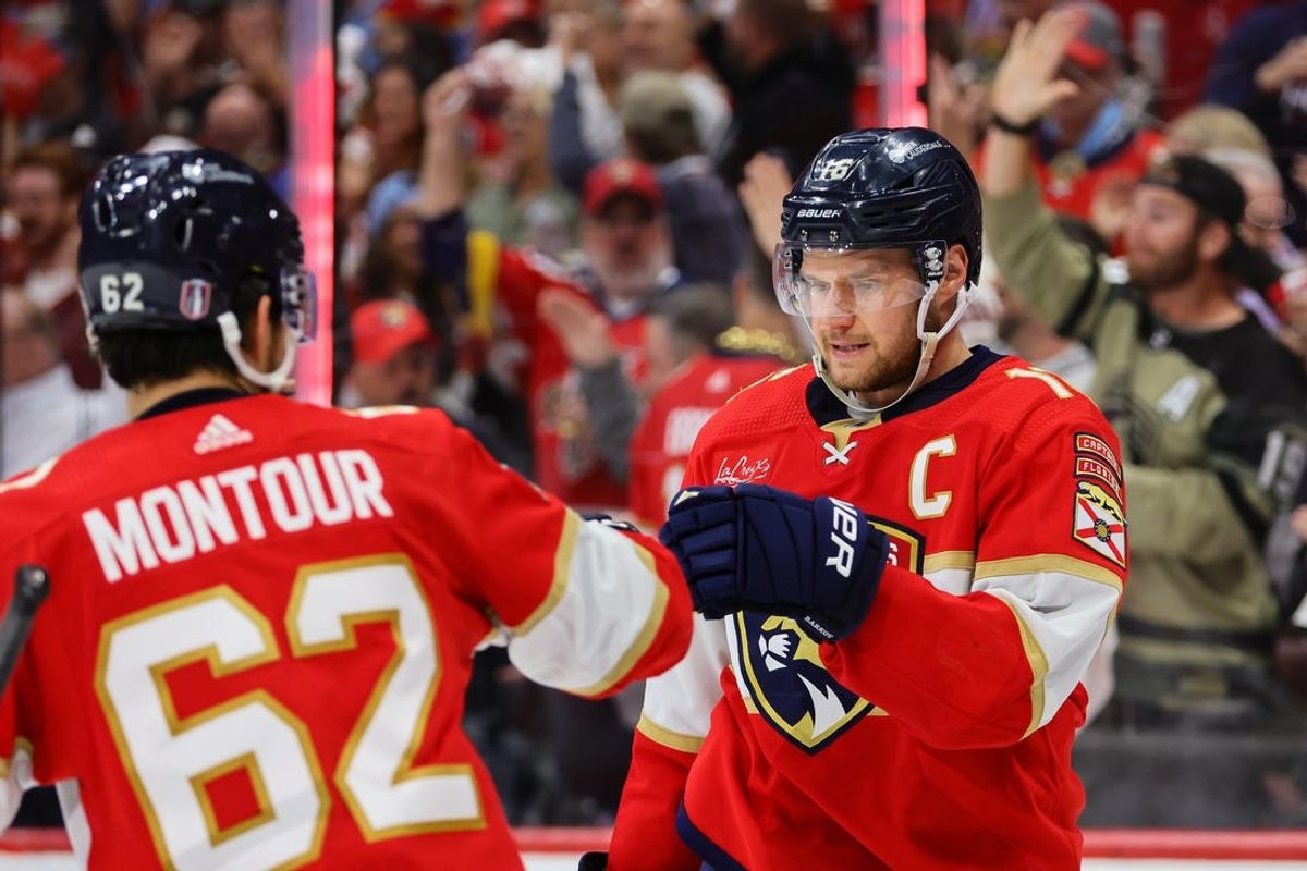 May 8, 2024; Sunrise, Florida, USA;Florida Panthers center Aleksander Barkov (16) celebrates with Florida Panthers defenseman Brandon Montour (62) after scoring during the third period in game two of the second round of the 2024 Stanley Cup Playoffs at Amerant Bank Arena. Mandatory Credit: Sam Navarro-USA TODAY Sports
