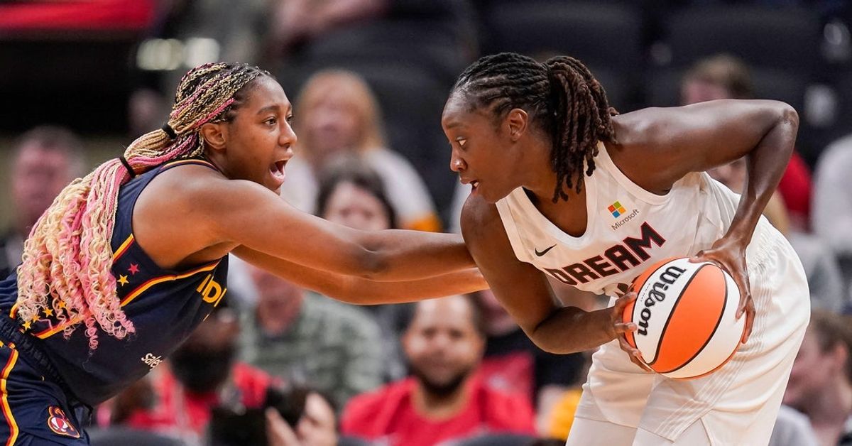 May 9, 2024; Indianapolis, IN, USA; Indiana Fever forward Aliyah Boston (7) guards Atlanta Dream guard Jordin Canada (3) on Thursday, May 9, 2024, during the preseason game against the Atlanta Dream at Gainbridge Fieldhouse in Indianapolis. The Indiana Fever defeated the Atlanta Dream, 83-80. Mandatory Credit: Grace Hollars-Imagn Images