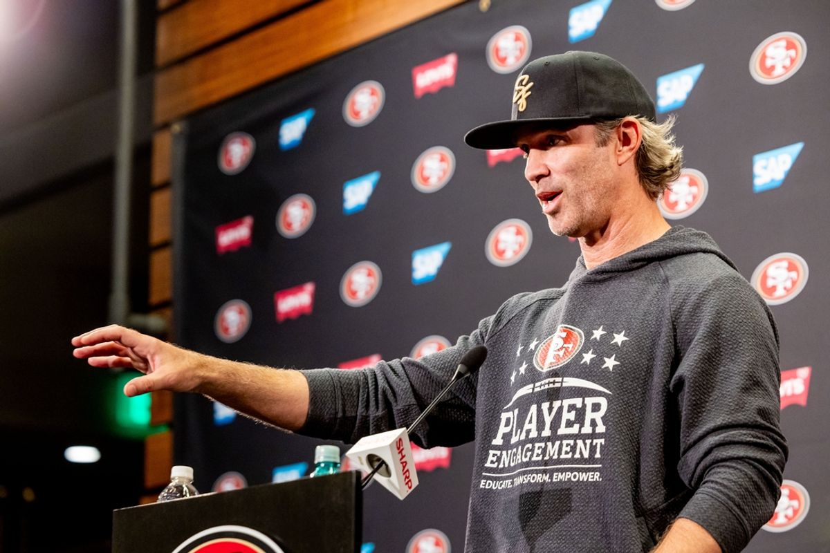 May 10, 2024; Santa Clara, CA, USA;  San Francisco 49ers defensive coordinator Nick Sorensen holds a press conference before the 49ers rookie minicamp at Levi’s Stadium in Santa Clara, CA. Mandatory Credit: Robert Kupbens-Imagn Images