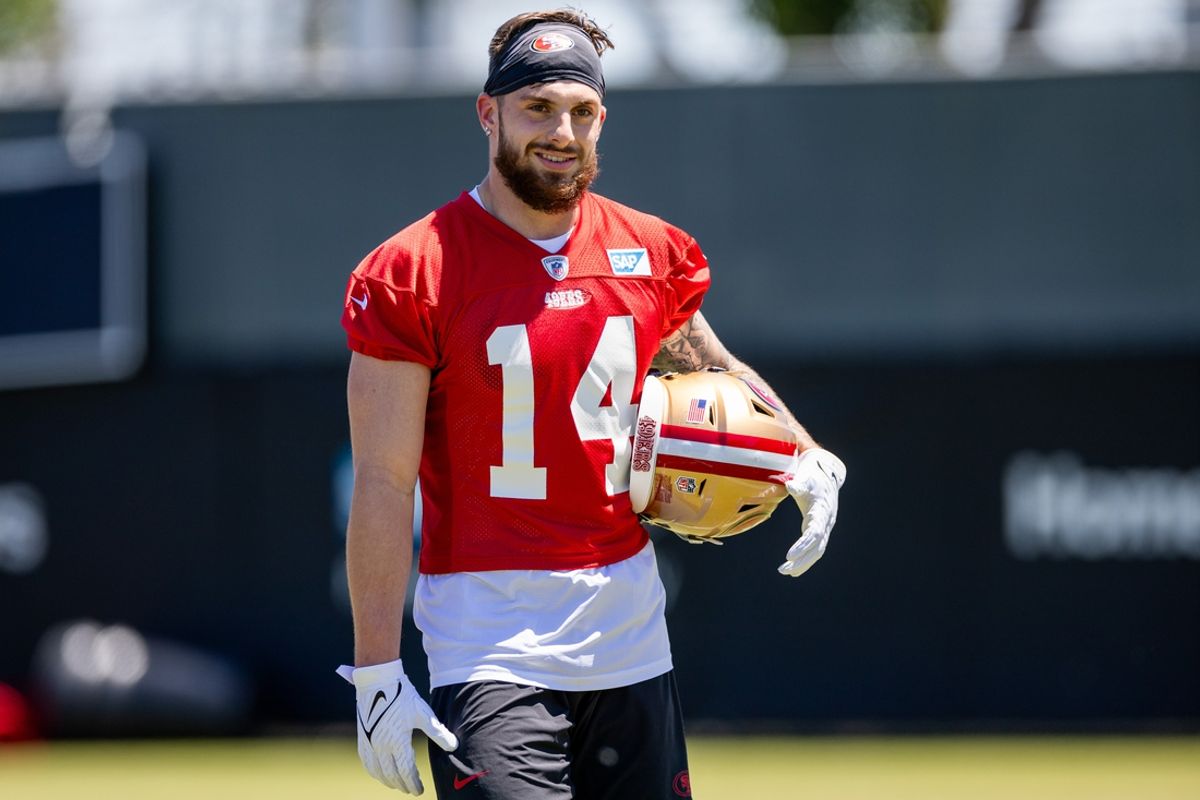 May 10, 2024; Santa Clara, CA, USA; San Francisco 49ers wide receiver Ricky Pearsall (14) smiles during the 49ers rookie minicamp at Levi’s Stadium in Santa Clara, CA. Mandatory Credit: Robert Kupbens-USA TODAY Sports