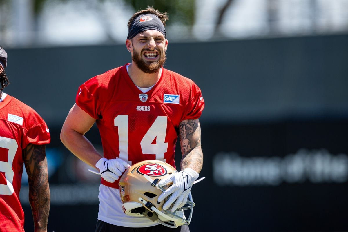 May 10, 2024; Santa Clara, CA, USA; San Francisco 49ers wide receiver Ricky Pearsall (14) smiles during the 49ers rookie minicamp at Levi’s Stadium in Santa Clara, CA. Mandatory Credit: Robert Kupbens-USA TODAY Sports