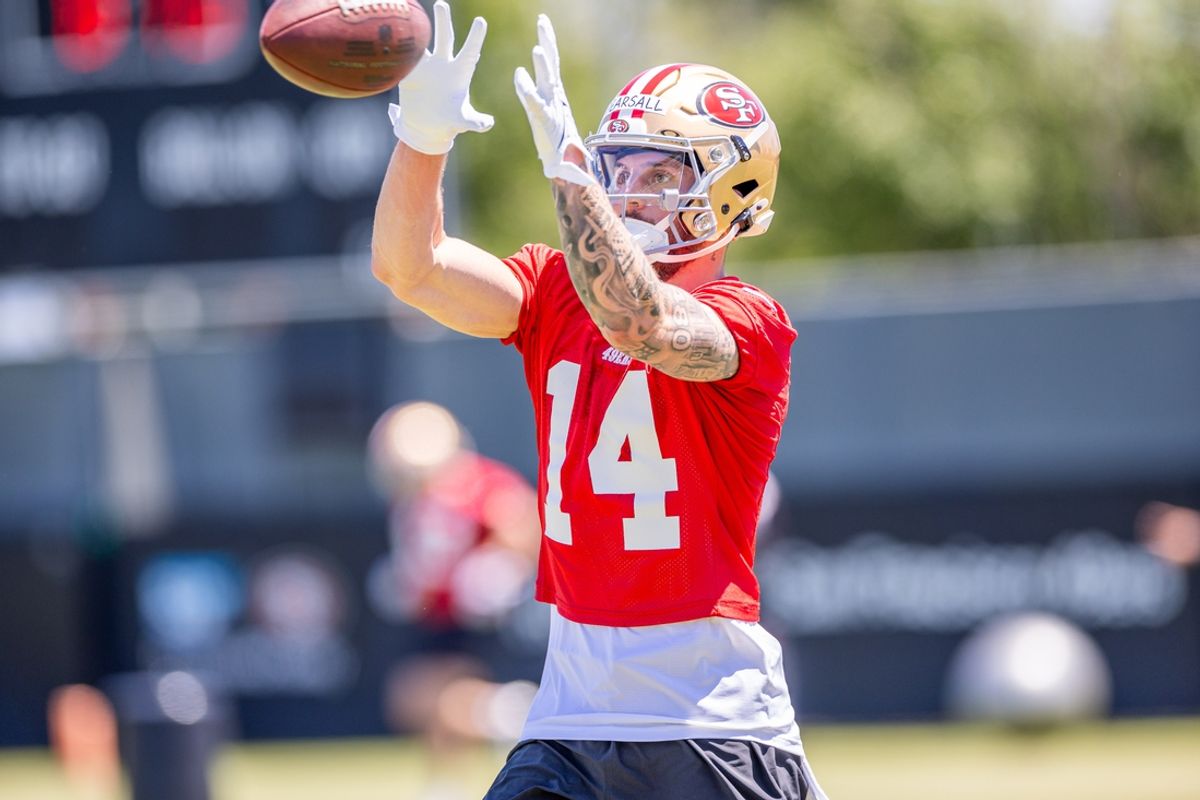 May 10, 2024; Santa Clara, CA, USA; San Francisco 49ers wide receiver Ricky Pearsall (14) runs drills during the 49ers rookie minicamp at Levi’s Stadium in Santa Clara, CA. Mandatory Credit: Robert Kupbens-Imagn Images