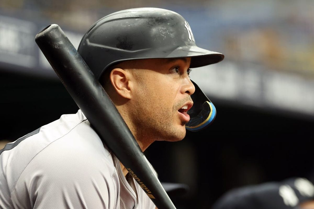 May 10, 2024; St. Petersburg, Florida, USA;  New York Yankees designated hitter Giancarlo Stanton (27) looks on from the dugout against the Tampa Bay Rays during the fourth inning at Tropicana Field. Mandatory Credit: Kim Klement Neitzel-USA TODAY Sports
