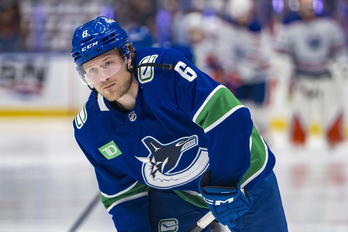 May 10, 2024; Vancouver, British Columbia, CAN; Vancouver Canucks forward Brock Boeser (6) shoots in warm up prior to game two of the second round of the 2024 Stanley Cup Playoffs against the Edmonton Oilers at Rogers Arena. Mandatory Credit: Bob Frid-USA TODAY Sports
