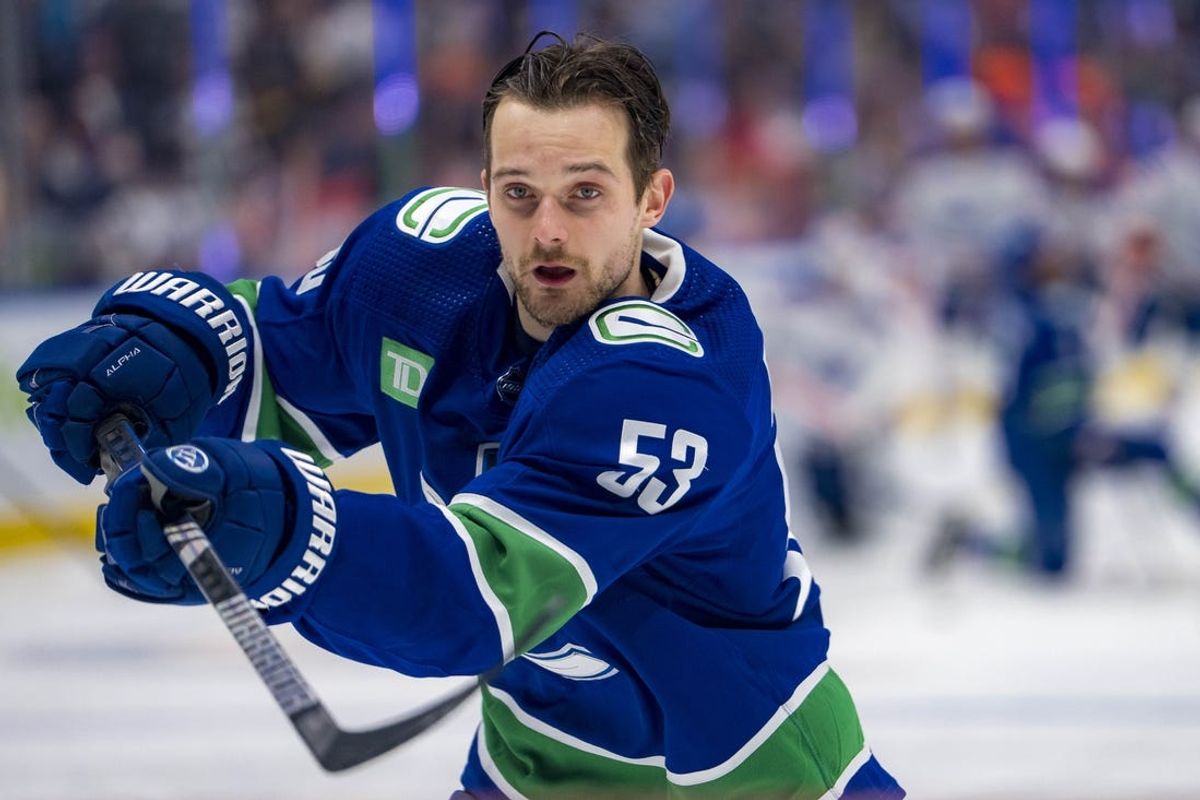 May 10, 2024; Vancouver, British Columbia, CAN; Vancouver Canucks forward Teddy Blueger (53) shoots in warm up prior to game two of the second round of the 2024 Stanley Cup Playoffs against the Edmonton Oilers at Rogers Arena. Mandatory Credit: Bob Frid-USA TODAY Sports