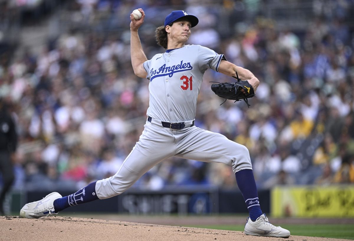 May 10, 2024; San Diego, California, USA; Los Angeles Dodgers starting pitcher Tyler Glasnow (31) throws a pitch against the San Diego Padres during the first inning at Petco Park. Mandatory Credit: Orlando Ramirez-Imagn Images