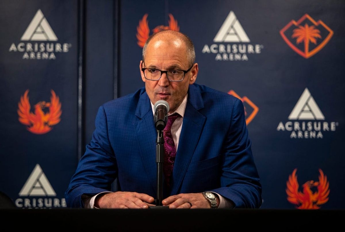 Coachella Valley head coach Dan Bylsma speaks during a media conference after Game 4 of the Pacific Division semifinals at Acrisure Arena in Palm Desert, Calif., Friday, May 10, 2024.