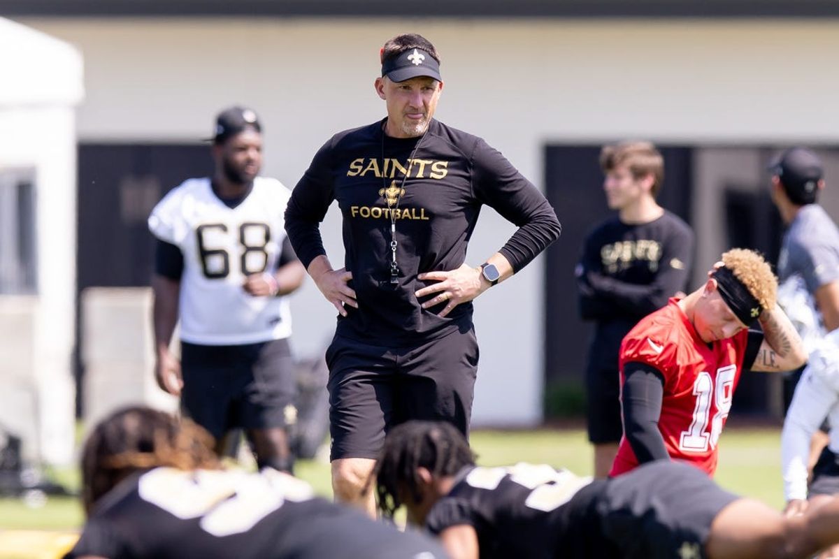 May 11, 2024; New Orleans, LA, USA;  New Orleans Saints head coach Dennis Allen looks on  during the rookie minicamp at the Ochsner Sports Performance Center. Mandatory Credit: Stephen Lew-USA TODAY Sports