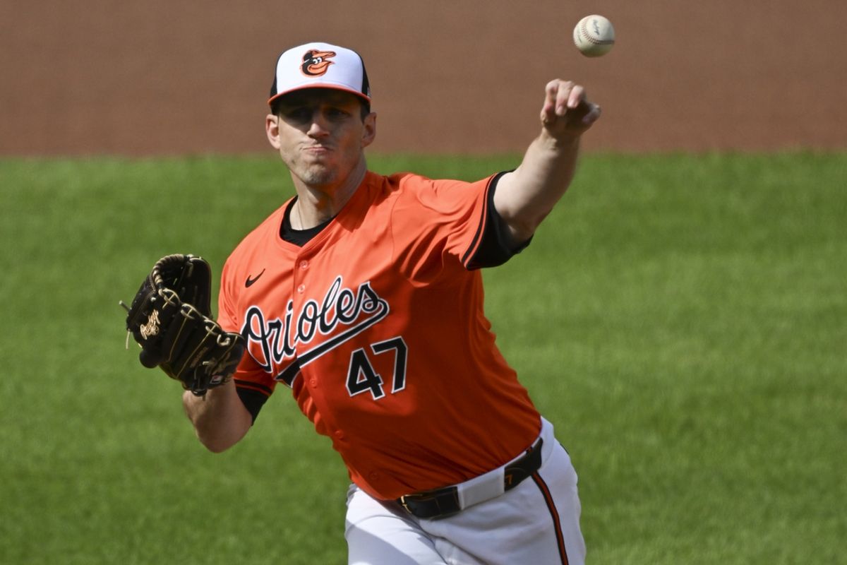 May 11, 2024; Baltimore, Maryland, USA;  Baltimore Orioles pitcher John Means (47) throws a first inning pitch against the Arizona Diamondbacks at Oriole Park at Camden Yards. Mandatory Credit: Tommy Gilligan-USA TODAY Sports