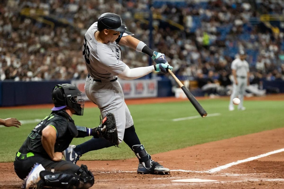 May 11, 2024; St. Petersburg, Florida, USA; New York Yankees outfielder Aaron Judge (99) grounds out to third base against the Tampa Bay Rays during the eighth inning at Tropicana Field. Mandatory Credit: Matt Pendleton-USA TODAY Sports
