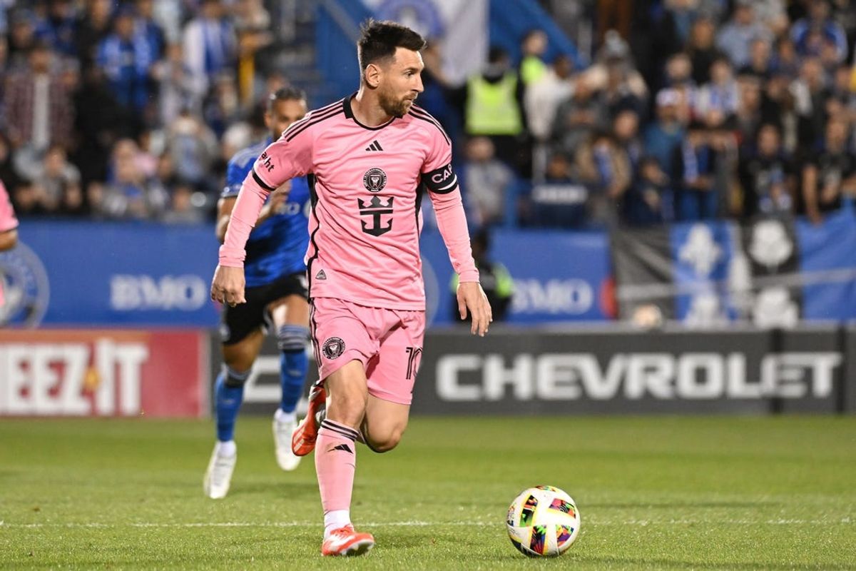 May 11, 2024; Montreal, Quebec, CAN; Inter Miami CF forward Lionel Messi (10) controls the ball in the first half against CF Montreal at Stade Saputo. Mandatory Credit: David Kirouac-USA TODAY Sports