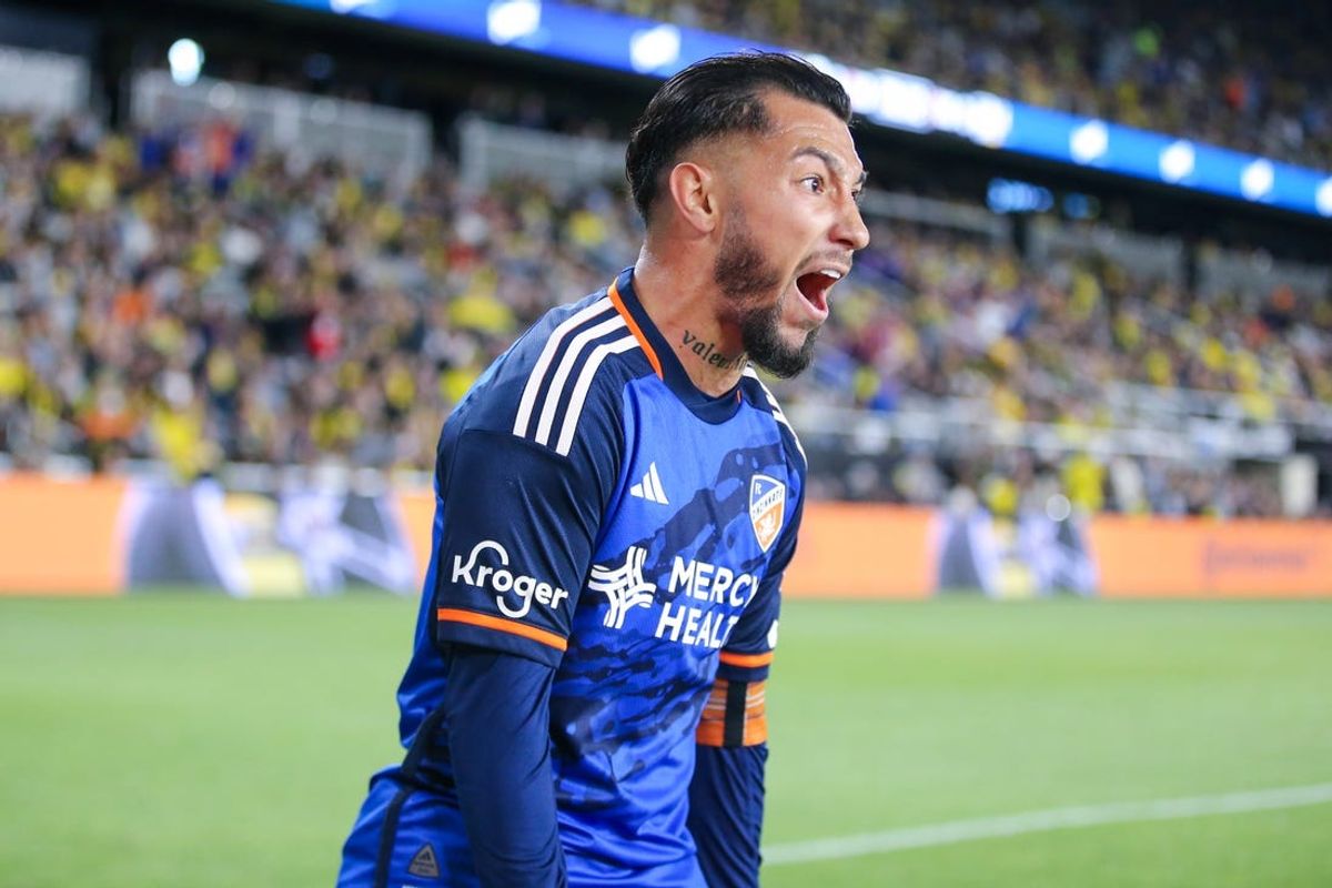 May 11, 2024; Columbus, Ohio, USA; FC Cincinnati midfielder Luciano Acosta (10) reacts to a goal during the second half against the Columbus Crew at Lower.com Field. Mandatory Credit: Joseph Maiorana-USA TODAY Sports