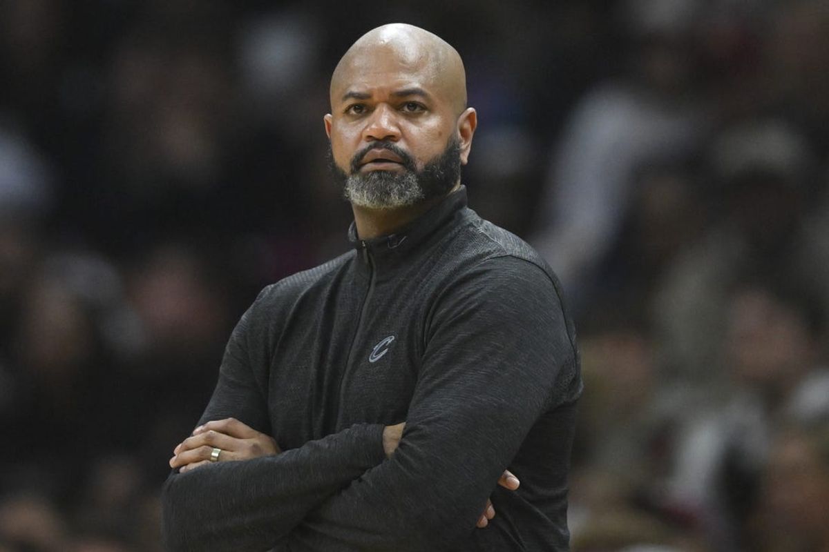 May 11, 2024; Cleveland, Ohio, USA; Cleveland Cavaliers head coach J. B. Bickerstaff reacts in the second quarter of game three of the second round of the 2024 NBA playoffs against the Boston Celtics at Rocket Mortgage FieldHouse. Mandatory Credit: David Richard-USA TODAY Sports