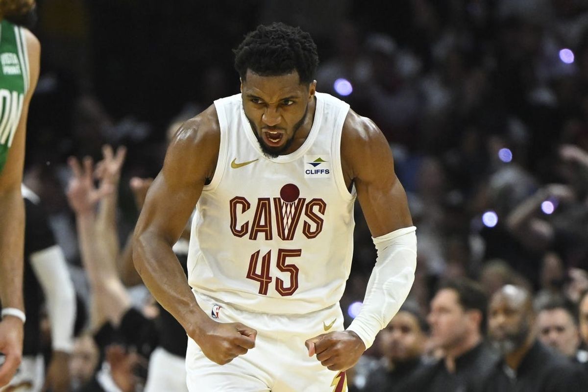 May 11, 2024; Cleveland, Ohio, USA; Cleveland Cavaliers guard Donovan Mitchell (45) reacts in the second quarter of game three of the second round of the 2024 NBA playoffs against the Boston Celtics at Rocket Mortgage FieldHouse. Mandatory Credit: David Richard-USA TODAY Sports