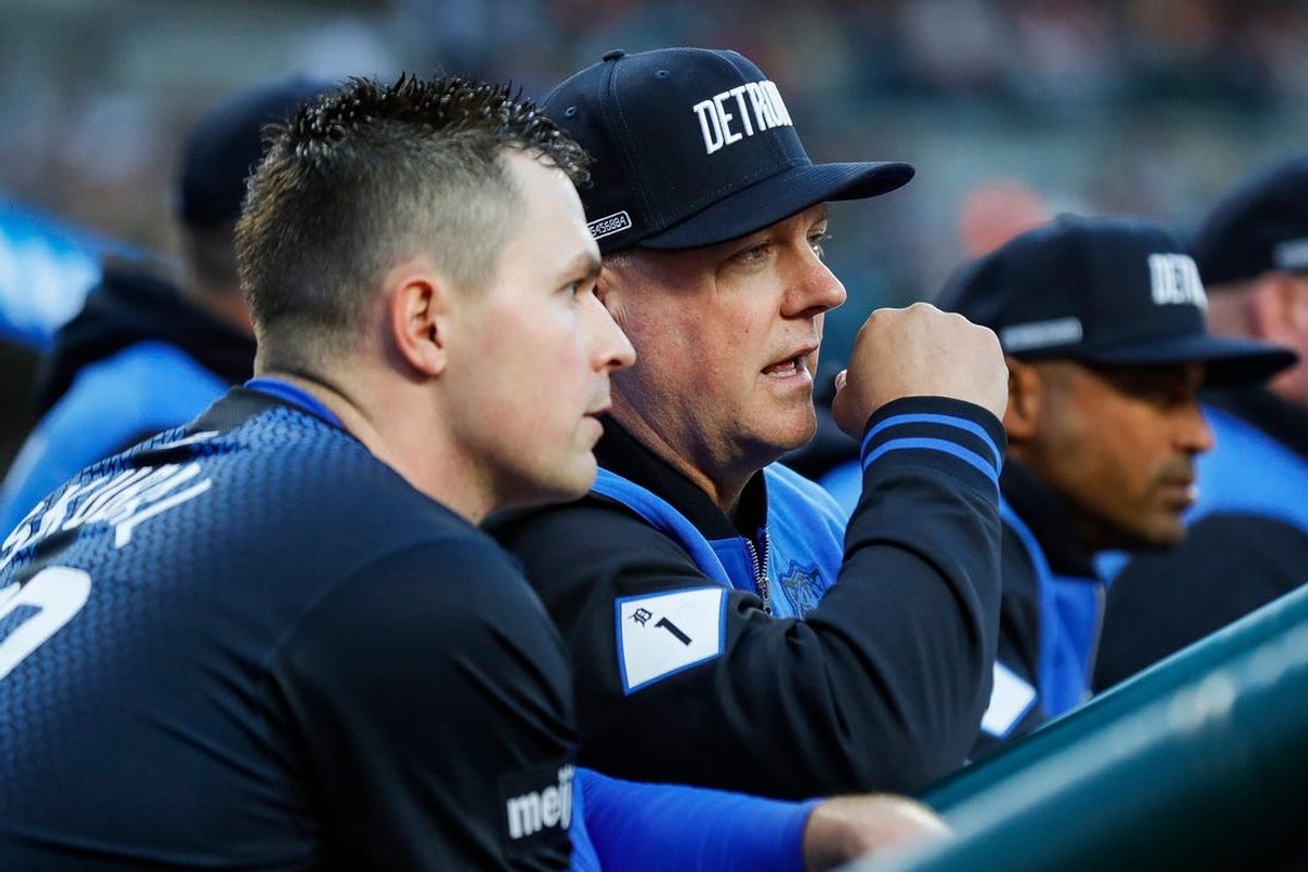Detroit Tigers manager A.J. Hinch talks to pitcher Tarik Skubal during the seventh inning against the Houston Astros at Comerica Park in Detroit on Saturday, May 11, 2024.