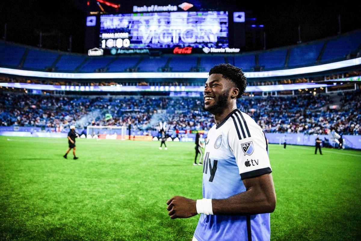 May 11, 2024; Charlotte, North Carolina, USA; Charlotte FC forward Patrick Agyemang (33) celebrates after the game against Nashville SC at Bank of America Stadium. Mandatory Credit: Scott Kinser-USA TODAY Sports