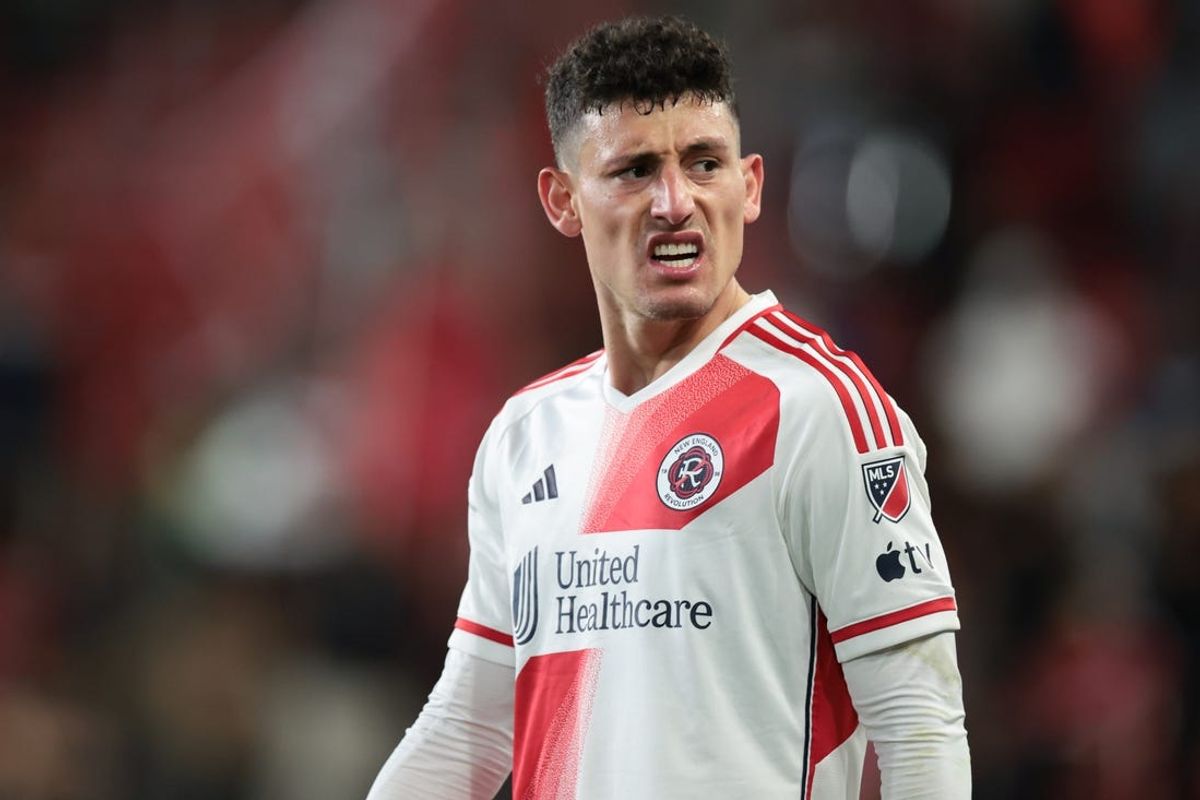 May 11, 2024; Harrison, New Jersey, USA; New England Revolution forward Tomas Chancalay (5) looks back during the second half against the New York Red Bulls at Red Bull Arena. Mandatory Credit: Vincent Carchietta-USA TODAY Sports